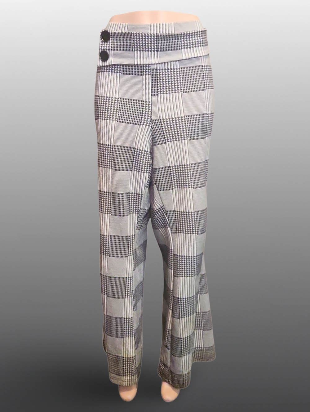 SHEIN Gray White Plaid Wide-Leg Dress Pants Button Accents Stretch Casual Plus - Picture 3 of 7